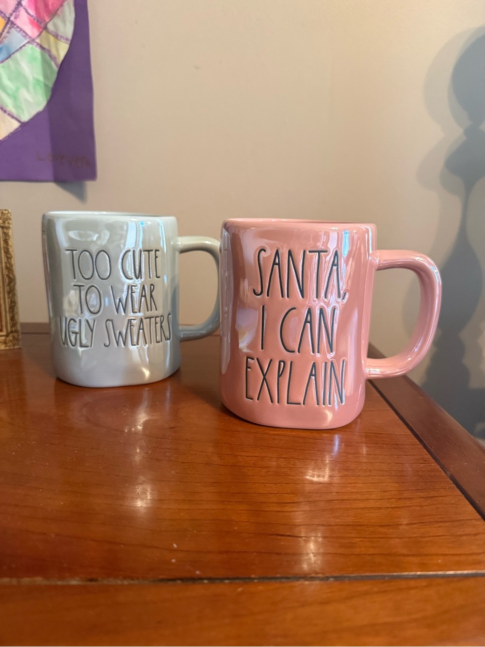 Rae Dunn Pink "Santa, I Can Explain" Ceramic Mug with Gray "Too Cute" Accent Mug